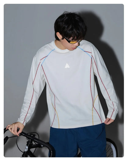 Men's Cool-Touch Contrast Stitch Long Sleeve T-Shirt – Loose Fit Moisture-Wicking Athletic Top for Autumn & Summer Sports