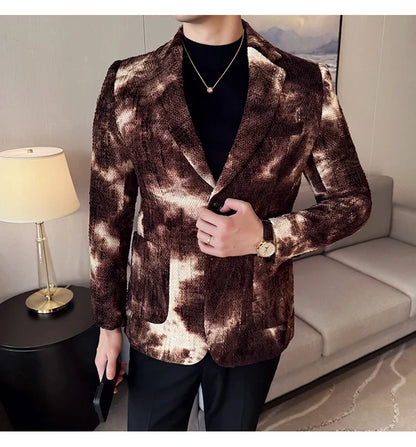 High QualityTie Dye Chenille Men Fashion Casual Suit Jacket Autumn Winter New Korean Slim Fit Social Wedding Suit Blazer
