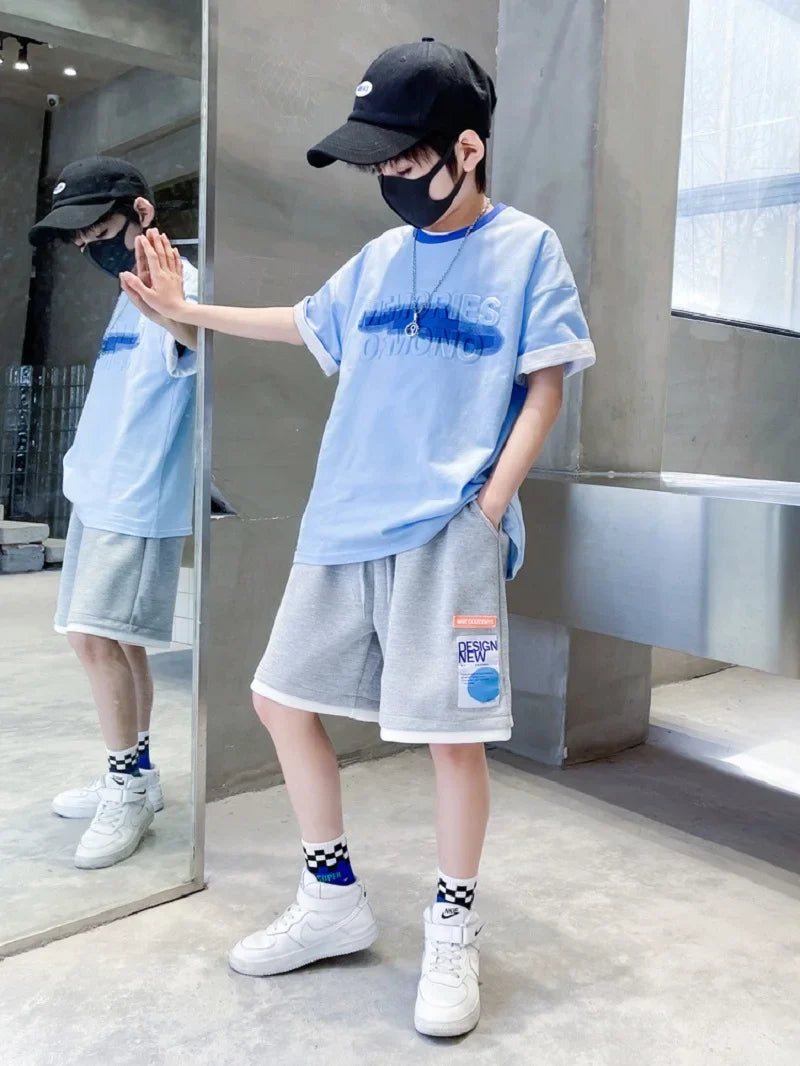 Summer Boys Cotton Alphabet Embossing t-Shirt Tops+Drawstring Short Pants Set School Kids Tracksuit Child Outfit Suit 5-16 Years