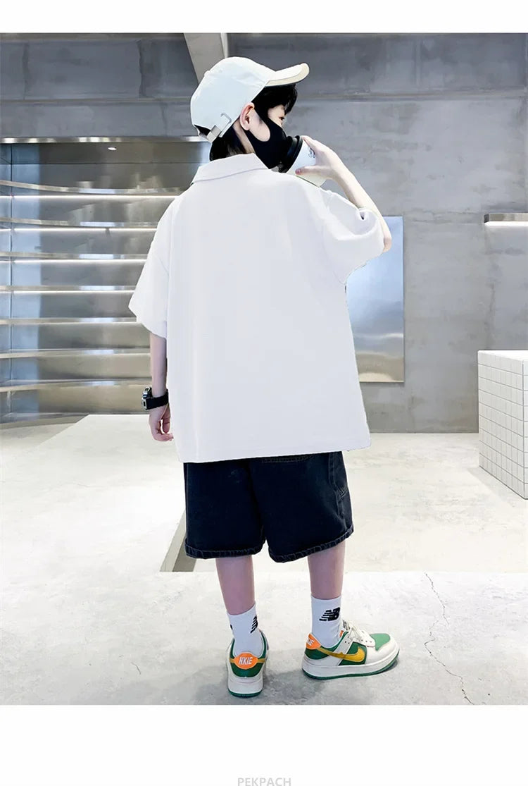 Korean Kids Boy Suit Summer Set Fashion Teenager Child Clothes Set Cotton Polo Shirt + Shorts 2pcs Outfits Tracksuit Costume