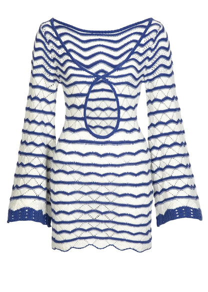 Reto Blue Striped Bell Sleeve Knit Dress Sexy V-neck Cut Out 2025 Summer Women Seaside Holiday Mini A-Line Dresses K123