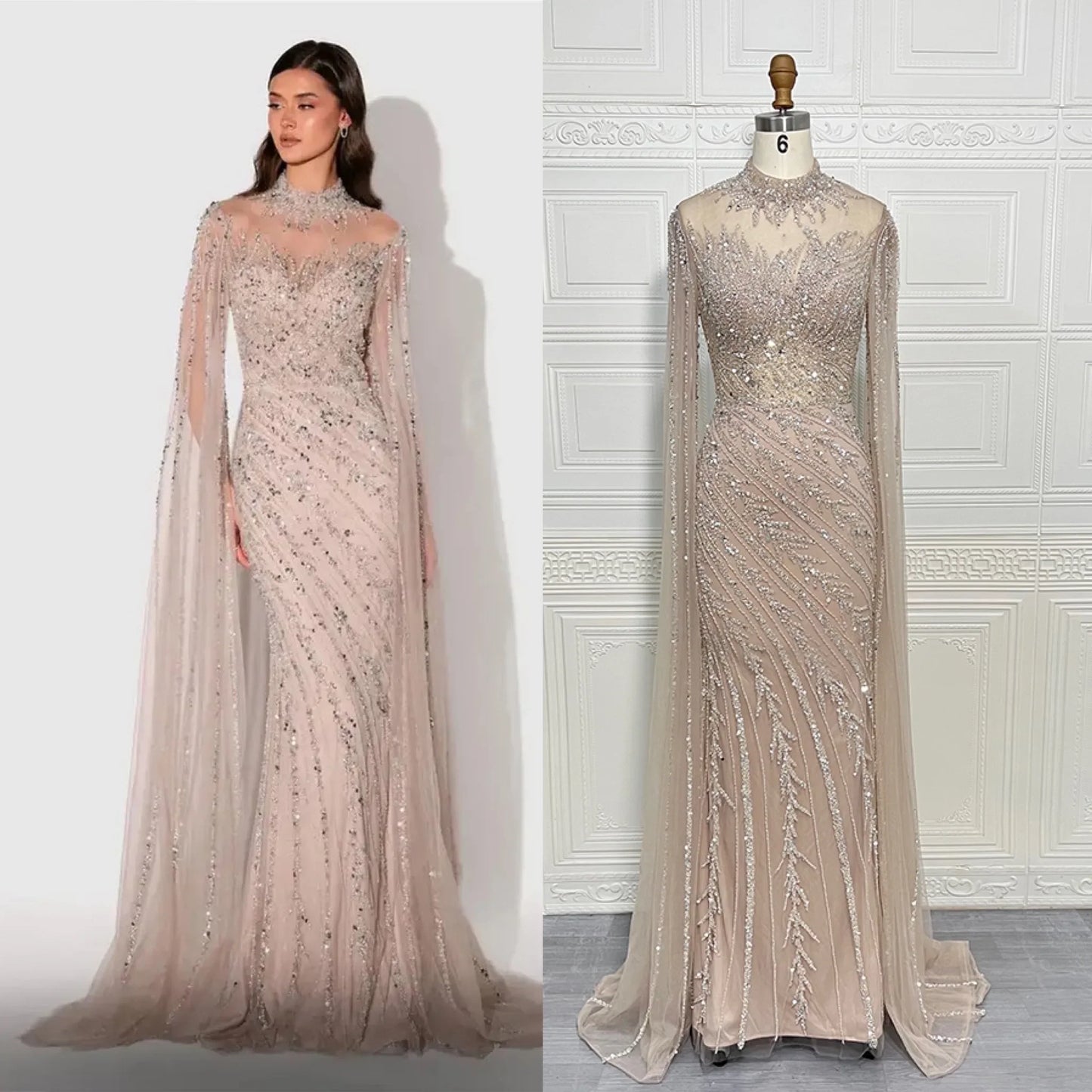 Luxury Saudi Arabia Mermaid Beaded Cape Sleeves High-Neck Evening Dresses 2025 Dubai Party Gowns for Women Wedding Customized