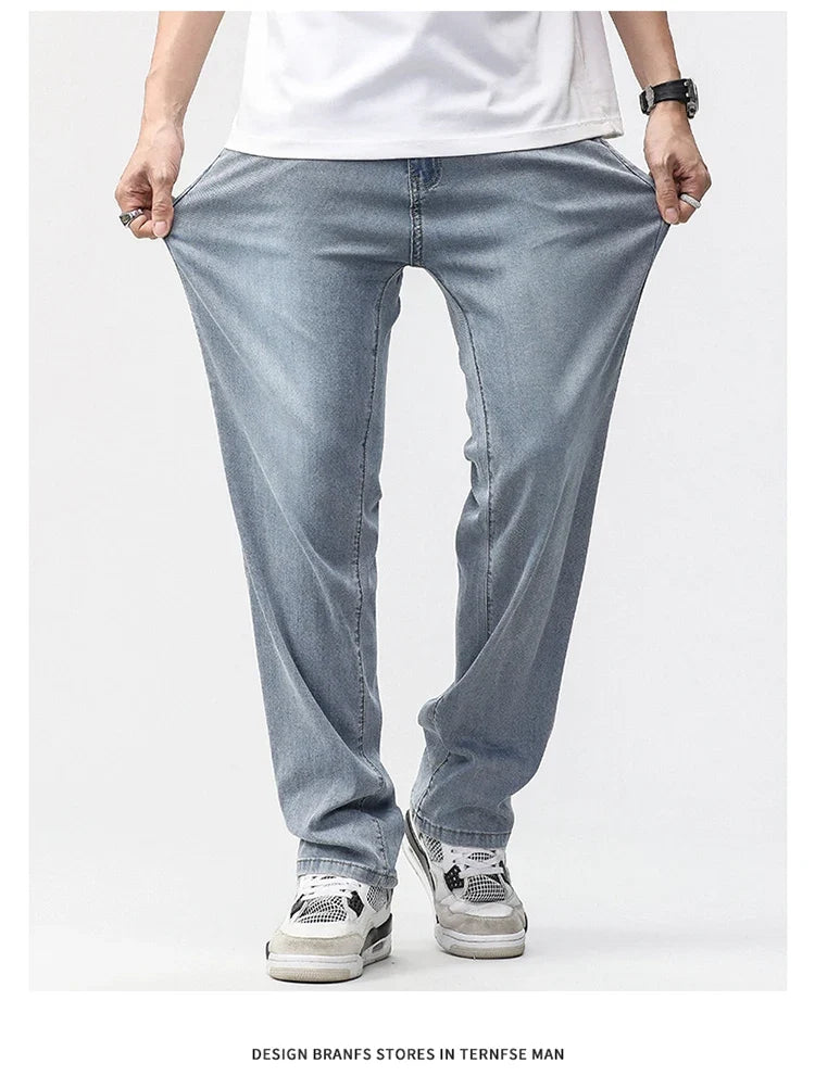 190cm Tall Man Jean Lyocell Wide Leg Denim Pant Male Extra Long Length 115cm 120cm Summer Big Clothes Light Stretch Straight Fit