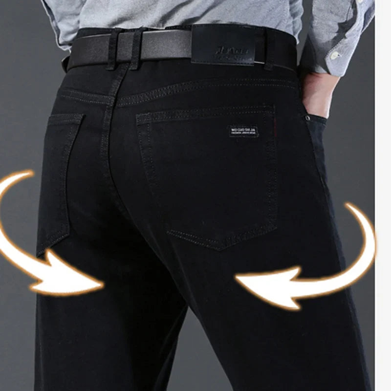 Men Classic Advanced Fashion Brand Pure Black Jeans Man Soft Breathe Stretch Slim Straight Denim Trousers Mens Pants Overalls