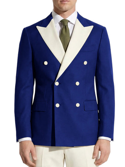Classic Men's Tuxedo Jacket White Peak Lapel Patched Double Breasted Slim Fit Blazer for Business Formal Wedding Groom Prom Coat