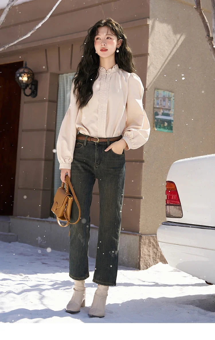 French Autumn Winter Button Up Lantern Long Sleeve Shirts Women Ruffle Neck Thick Warm Blouse Flannel Shirt MXC56X1320