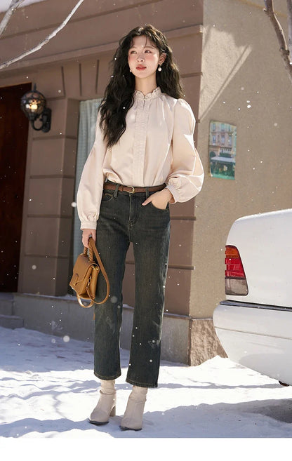 French Autumn Winter Button Up Lantern Long Sleeve Shirts Women Ruffle Neck Thick Warm Blouse Flannel Shirt MXC56X1320