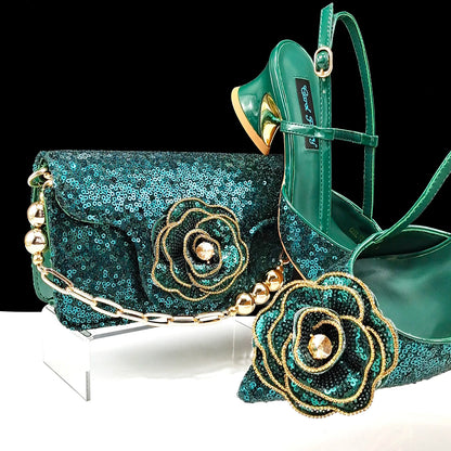 Shiny Gold Color Shoes and Bag Elegant Handbags and Medium Heel Shoes Beautiful Handmade Flowers For Wedding Party