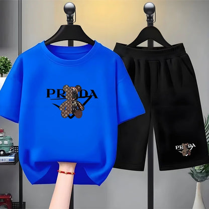 Kids Little Bear Letters T-shirt Summer Clothing Short-Sleeved Top+Shorts Boy Girl 3-12Yrs Casual Set Two-Piece Black-White