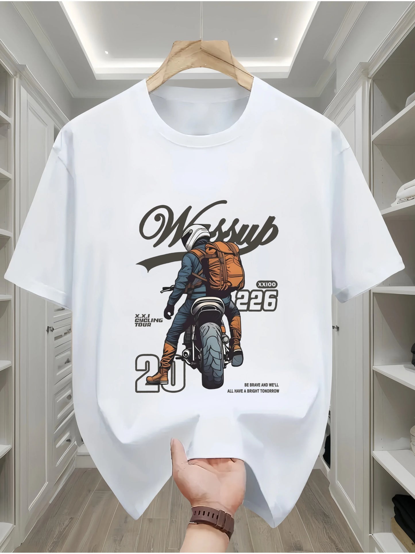 Summer men's 100% pure cotton casual loose oversized classic motorcycle creative printed round neck short sleeved T-shirt top