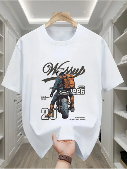 Summer men's 100% pure cotton casual loose oversized classic motorcycle creative printed round neck short sleeved T-shirt top