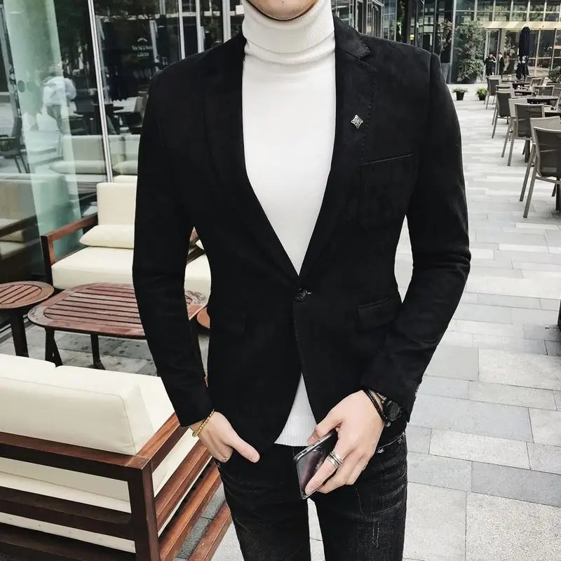 Spring Vintage Suede Suit Jacket Men Casual Business Slim Fit Blazer Deerskin Leather Jacket Men Wedding Street Wear Social Coat