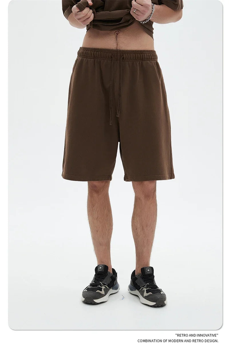 Fashion Summer Men 420gsm Washed Cotton Shorts Retro Unisex High Street Terry Knee Length Short Pants Streetwears HY0845