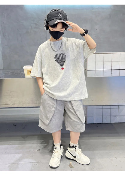 Fashion Boys Summer Outfit T-shirt Shorts Sports Set Children Top and Bottom Tracksuit Set Kids Casual Cotton Sportswear 5-14Y