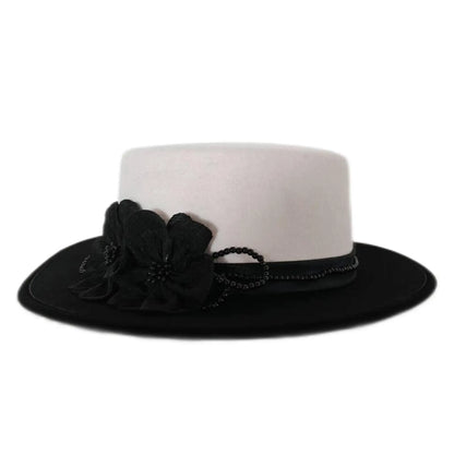 Women's Black/White Flat Top Wool Felt Fedora Hat with Flower Faux Pearl Detail Winter Dress Cap Stylish French Millinery