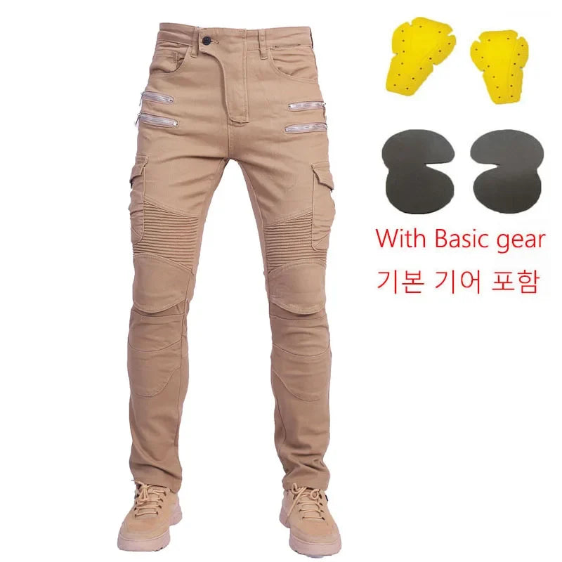 Double zipper Decoration Metal Style Motorcycle Leisure Motorcycle Men's Outdoor Riding Jeans Slim Pants With Protect Gears
