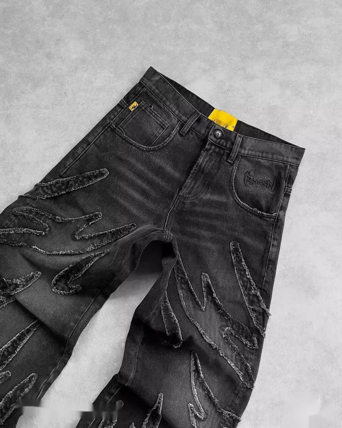 Mens Jeans Y2K Vintage Streetwear Black Wide Leg Denim Pants Ripped Patchwork Raw Hem Distressed Loose Fit Dark Punk Fashion