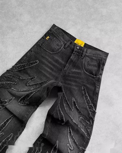 Mens Jeans Y2K Vintage Streetwear Black Wide Leg Denim Pants Ripped Patchwork Raw Hem Distressed Loose Fit Dark Punk Fashion