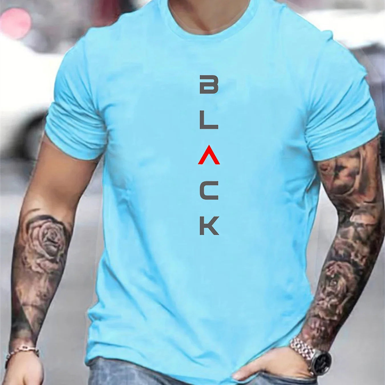 Men's Summer Casual Loose Size 100% Cotton Black Print Round Neck Short Sleeve T-shirt Top