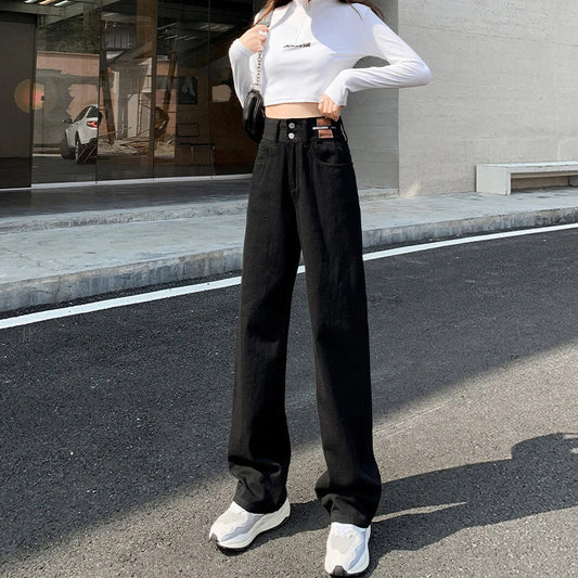 Y2K Woman Jeans High Waist Wide Leg Cotton Denim Clothing Blue White Streetwear Vintage Fashion Harajuku Straight Pants