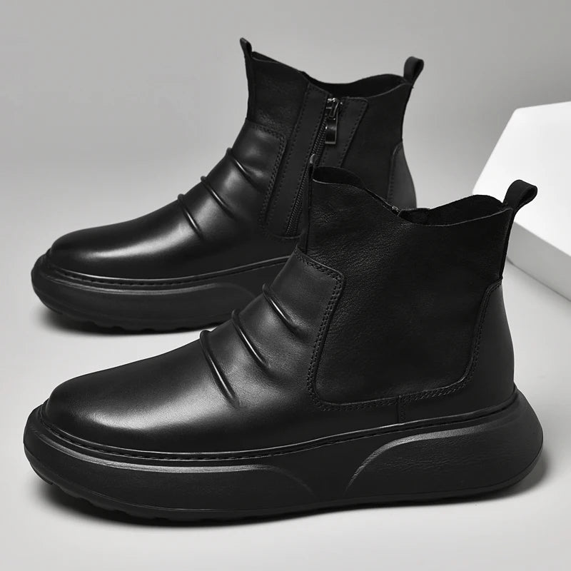 Luxury Brand Male Slip on Chelsea Boots Genuine Leather Mens Warm Winter Shoes High Quality Ankle Boots Men Handmade Snow Boots