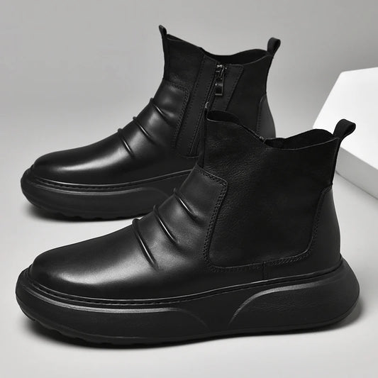 Luxury Brand Male Slip on Chelsea Boots Genuine Leather Mens Warm Winter Shoes High Quality Ankle Boots Men Handmade Snow Boots