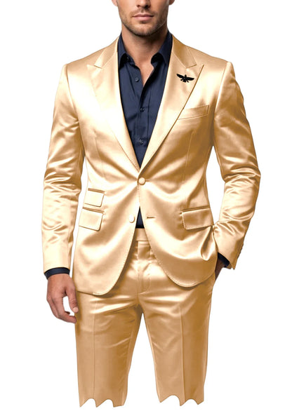 Men's Satin 2-Piece Suit Set Slim Fit Peak Lapel Tuxedo Blazer With Straight Leg Pants For Wedding Party Formal Wear
