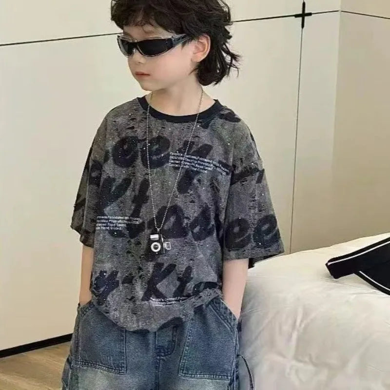 Cute Boys Distressed Letter Print Short Sleeve T-Shirt Summer 2026 Loose Fit Kids Sizes 12-16