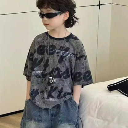 Cute Boys Distressed Letter Print Short Sleeve T-Shirt Summer 2026 Loose Fit Kids Sizes 12-16