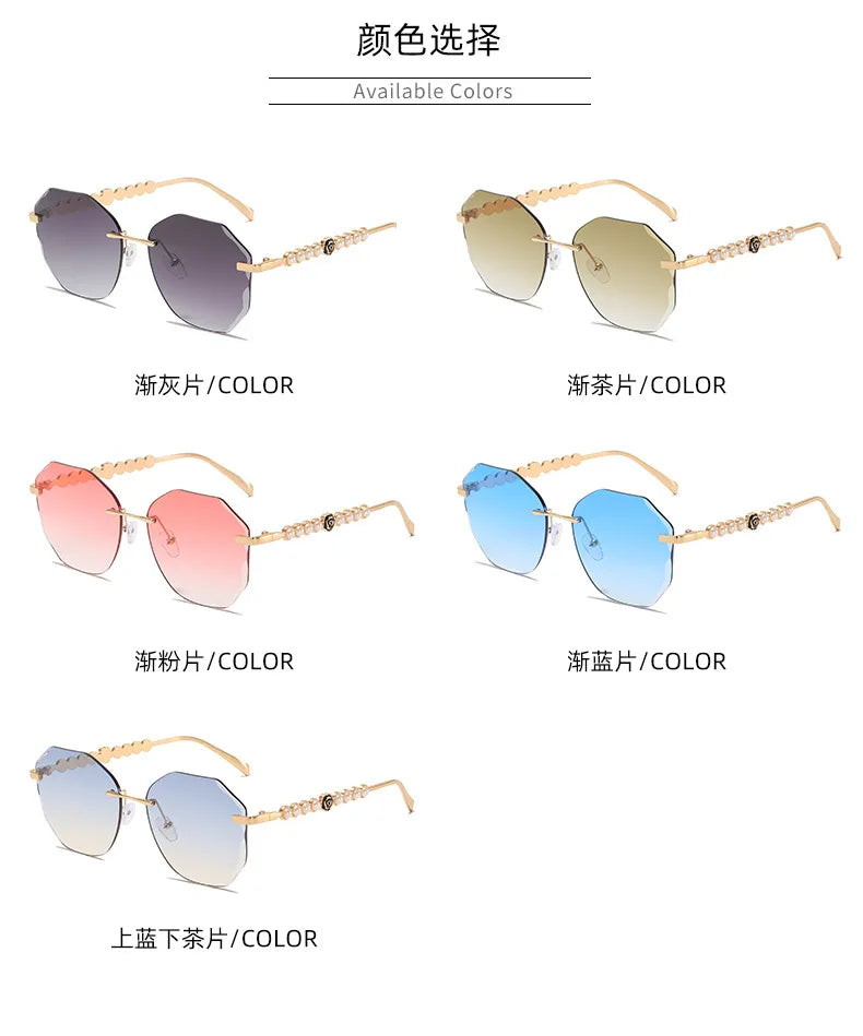 Women's Rimless Cut Edge Sunglasses Pearl Temple Gradient Lens Sun Glasses Elegant Y2K UV400 Shades Luxury Metal Fashion Eyewear