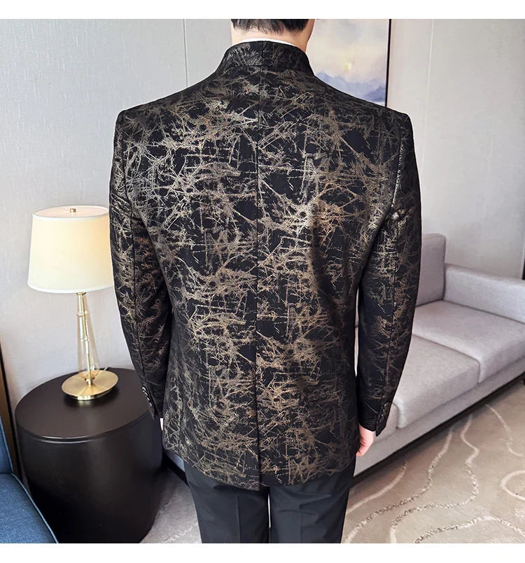 New Chinese Style Stand Up Collar Jacquard Suit Coats Men Slim Business Casual Fashion Suits Jacket Formal Social Party Tuxedos