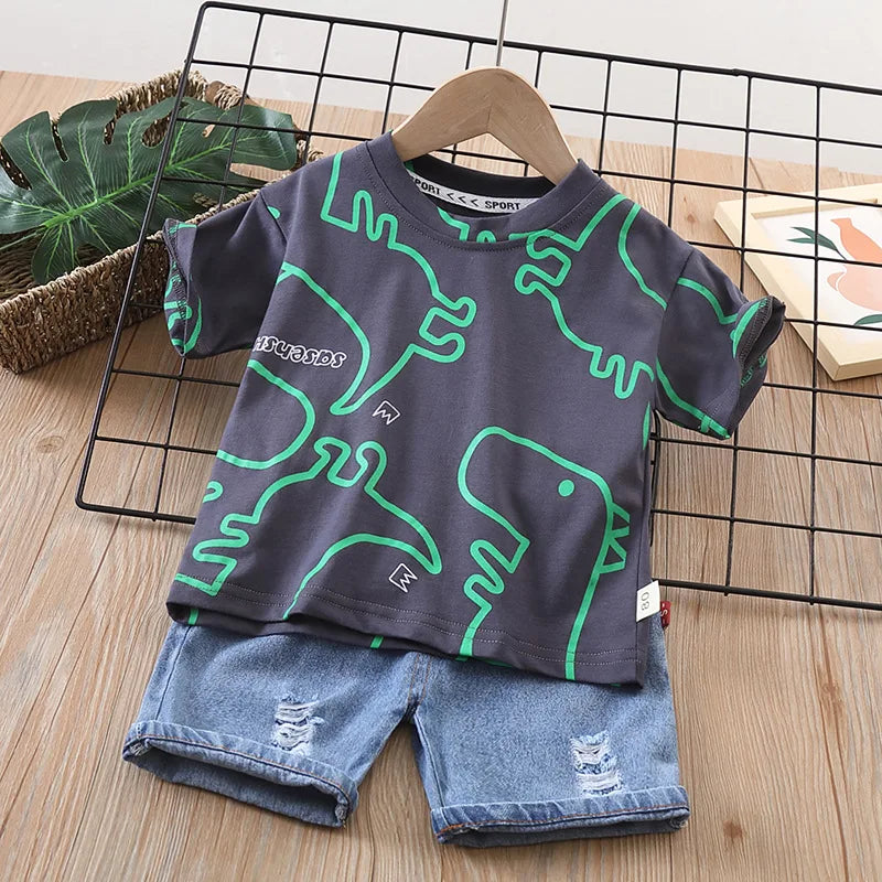 Boys Clothes Summer Fashion Crew Neck Children Tracksuit Dinosaur T-shirt Denim Shorts Suit Kids Outfit Baby Boys Set 1-5 Years