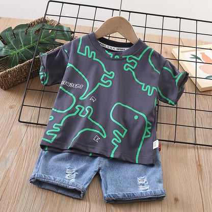 Boys Clothes Summer Fashion Crew Neck Children Tracksuit Dinosaur T-shirt Denim Shorts Suit Kids Outfit Baby Boys Set 1-5 Years