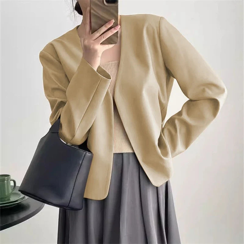 2025 Spring Autumn Fashion New Women's Suit Jackets Solid Short Coats Korean Blazers Long Sleeve Cardigan Coat Without Placket