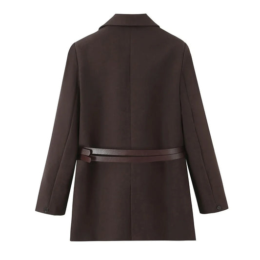 European and American Style New Women's Fashion Versatile Loose Casual Double Belt Slimming Gunlapel Blazer Coat