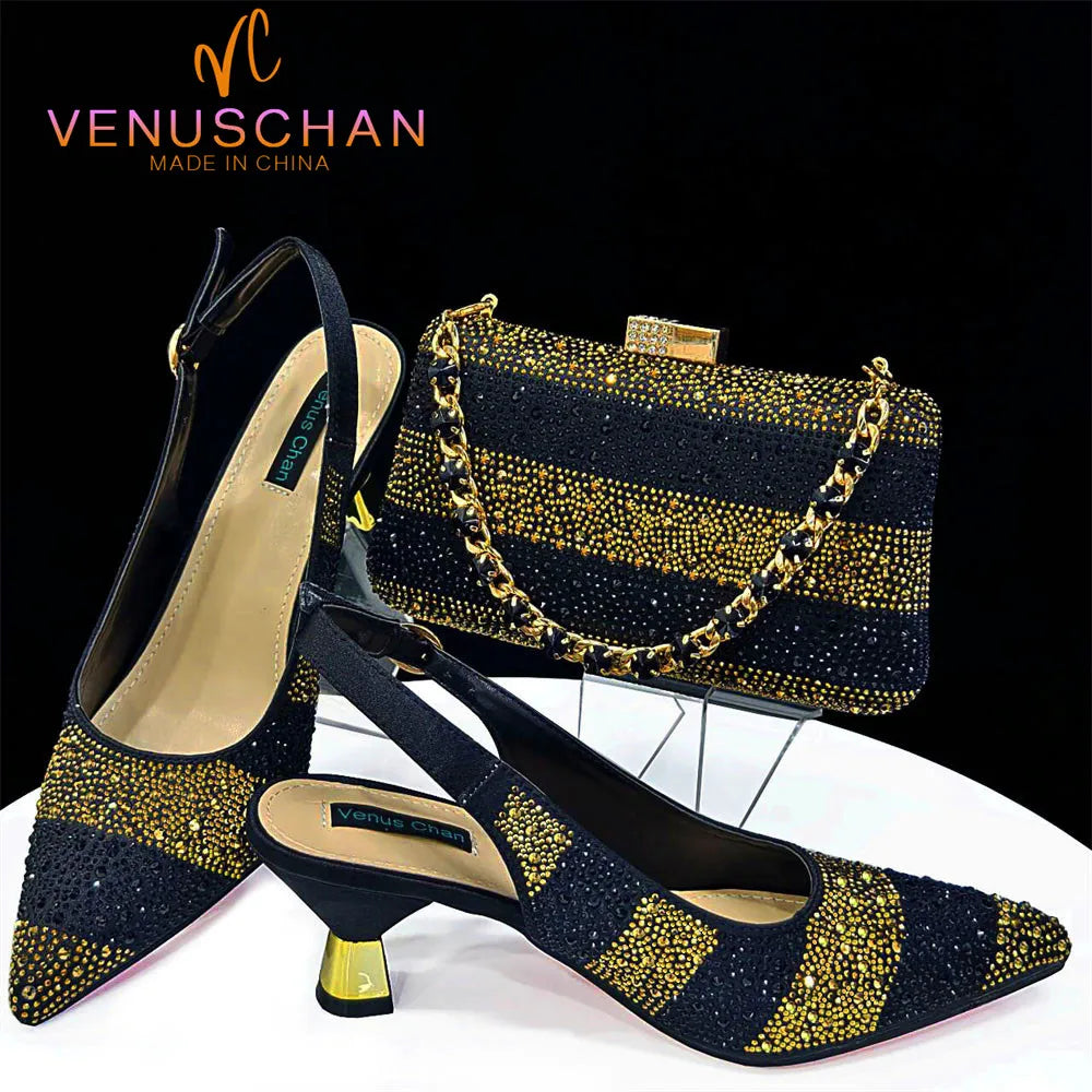 Elegant High Heels Shoes and Bag Set for Women Pointed Toe Black Color Hollow Rhinestones Matching Bag INS 2024