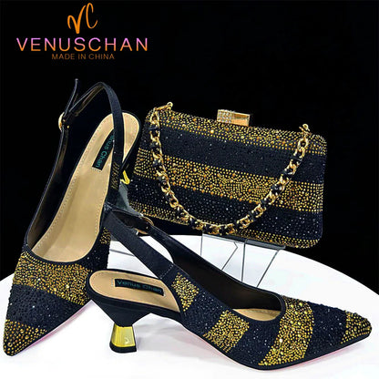 Elegant High Heels Shoes and Bag Set for Women Pointed Toe Black Color Hollow Rhinestones Matching Bag INS 2024