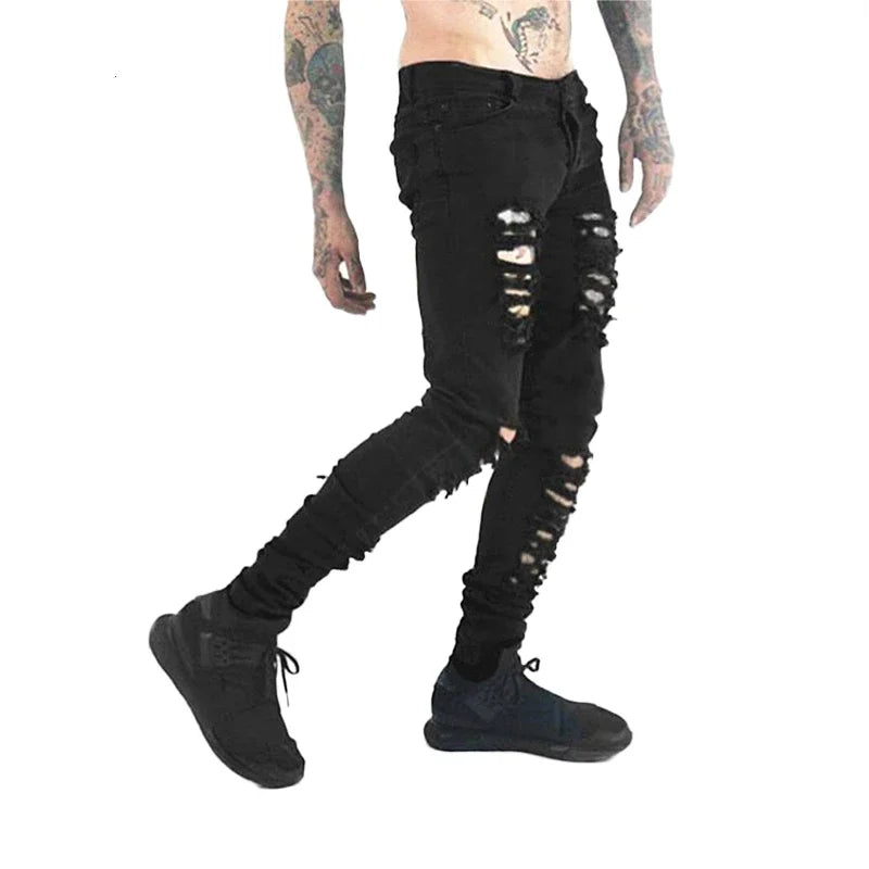 Black Men Jeans Narrow Feet High Street Punk Rock Micro Elastic Fabric Man Ripped Jean Cultivate Morality Hardcore Pants