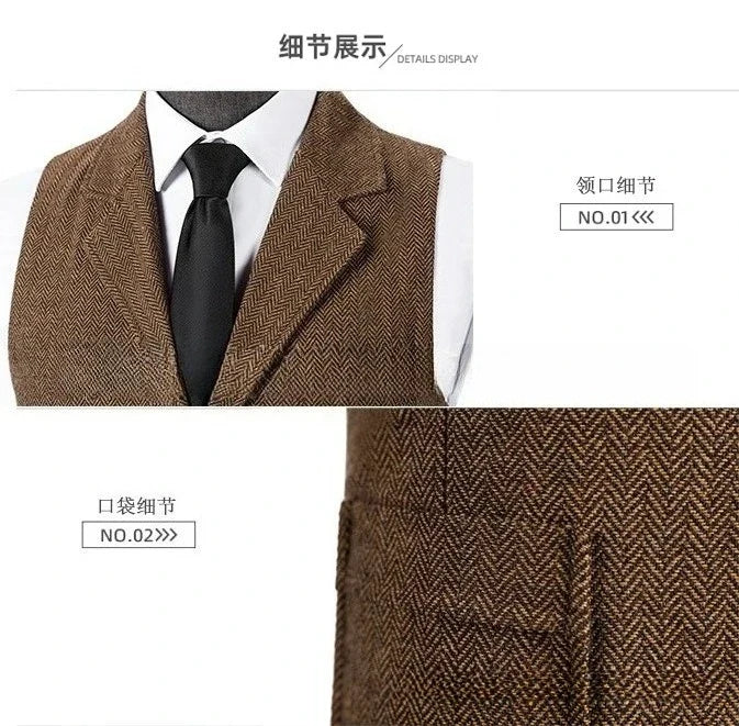 Men's Vintage Herringbone Waistcoat Single Breasted Notch Lapel Formal Vest Business Sleeveless Suit Gilet For Wedding Party