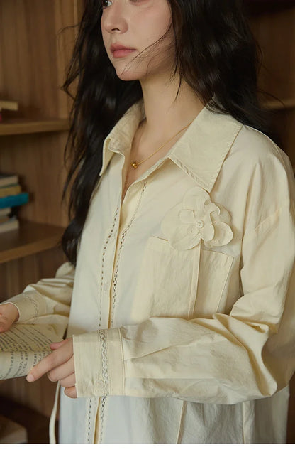 100% Cotton Shirt For Women Autumn 2025 New Fashion Petal Ribbon Button Long Sleeves Shirt Women's Clothing MXE41C2349