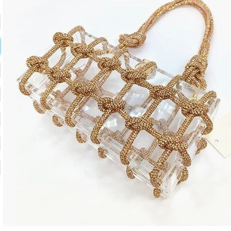 New Diamond Clear Acrylic Box Evening Clutch Bags Women Boutique Woven Knotted Rope Rhinestone Purses And Handbags Wedding Party