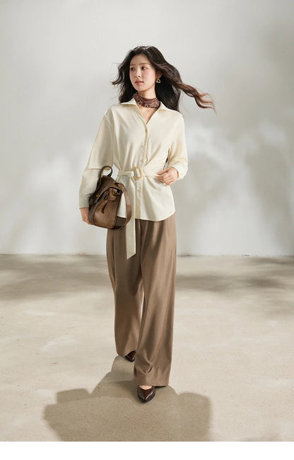 Women's Lapel Collar Long Sleeve Shirt 2026 Spring with Belted Waist Casual Loose Soft Beige Shirt Office Lady MXF13C2452