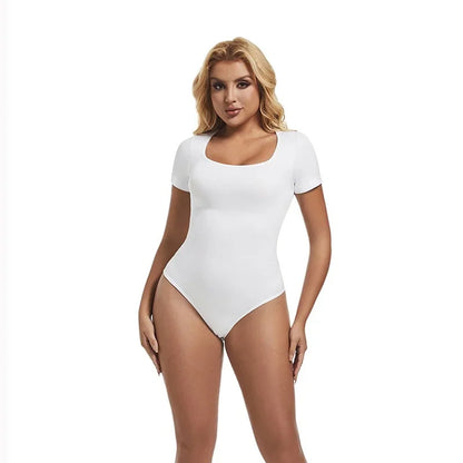 Bodysuits Sexy Ribbed One Piece Square Neck Short Sleeve Bodysuits Tummy Control Open Crotch Bodysuit Shapewear Suit
