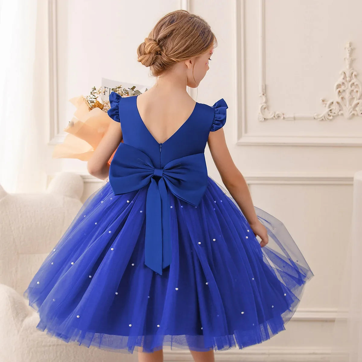 Flower Girl Dresses Birthday Tulle Dress Backless Bow Wedding Gown Kids Party Wear Princess Pink Baby Bowknot Toddler