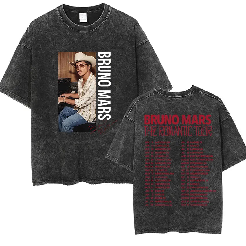 Bruno Mars The Romantic Tour 2026 Vintage Washed T Shirts Men's Women Punk Gothic Fashion Cotton Short Sleeve T-Shirt Streetwear