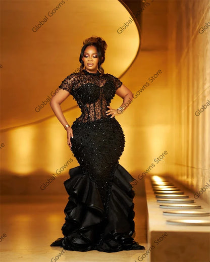 Sparkly Black Ruffles Aso Ebi Evening Dresses Bead Crystal 2024 Birthday Luxury Dress O Neck Mermaid Party Gown Customized