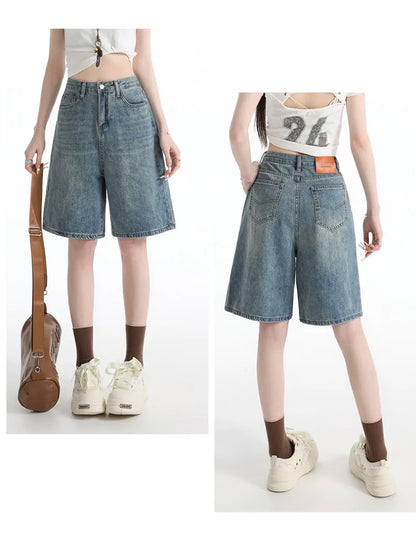 Women's High Waist Wide Leg  Y2K American Retro Washed Five-Point Denim Shorts Summer Loose Slim Straight Cut Mid-Length Pants