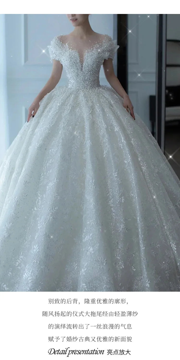 2025 Princess Sexy Luxury Crystal Beaded Wedding Dress Puff Tulle White Gown Bride Pregnant Women's High-end Gown with Trailing