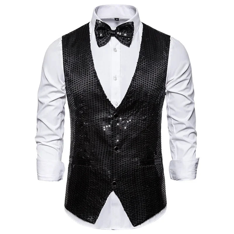 New Gold Sequin Vest Men's Single-breasted V-neck Sleeveless Vests Coat Wedding Party Waistcoat Silver Blue Purple Red Tops