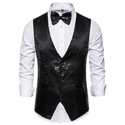 New Gold Sequin Vest Men's Single-breasted V-neck Sleeveless Vests Coat Wedding Party Waistcoat Silver Blue Purple Red Tops